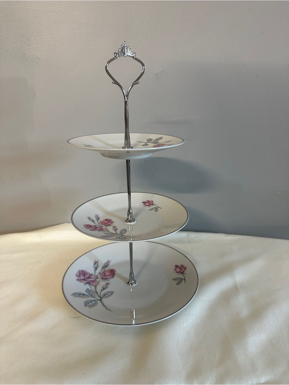 Porcelain 3-Tier Dessert Stand with Pink Rose Motif